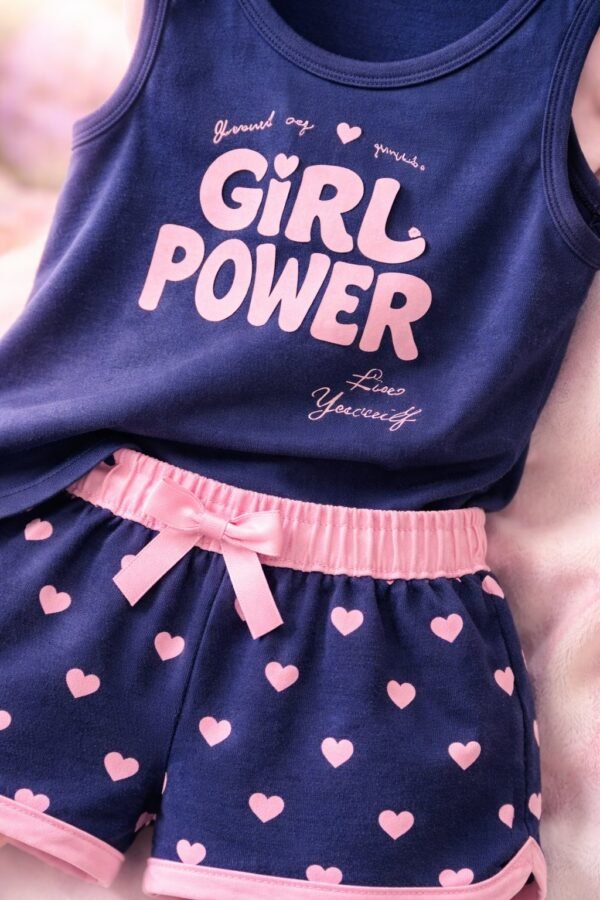 Kız Çocuk Askılı Kollu Şort Pijama Takımı Lacivert Renk ve Yazlık Tasarım - Gorsel 3