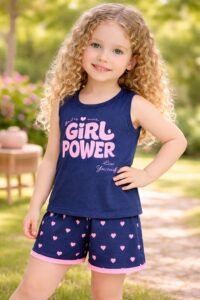 Kız Çocuk Girl Power Baskılı Askılı Kollu Şortlu Pijama Takımı