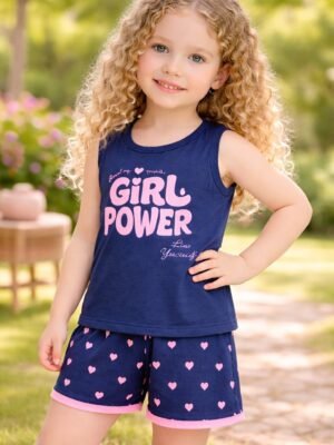 Kız Çocuk Askılı Kollu Şort Pijama Takımı Lacivert Renk ve Yazlık Tasarım