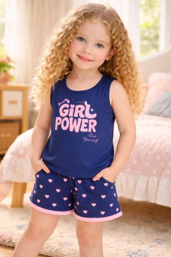 Kız Çocuk Askılı Kollu Şort Pijama Takımı Lacivert Renk ve Yazlık Tasarım - Gorsel 2
