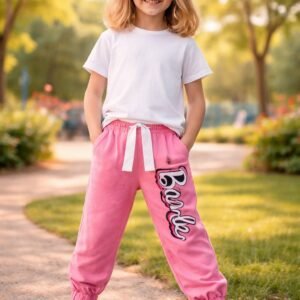 Kız Çocuk Barbie Desenli Pamuklu Alt Eşofman Takımı Pembe Renkli ve Rahat