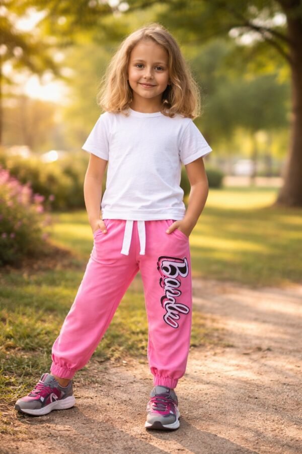 Kız Çocuk Barbie Desenli Pamuklu Alt Eşofman Takımı Pembe Renkli ve Rahat - Gorsel 2