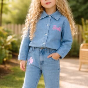 Kız Çocuk Mavi Kot Takım Nakış Detaylı Çocuk Giyim