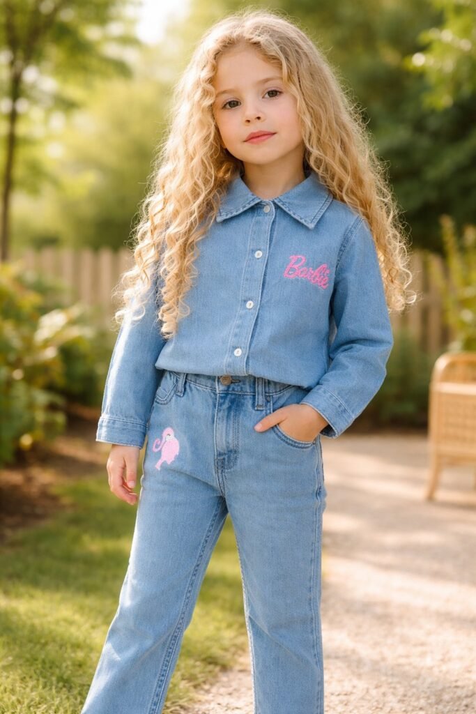 Kız Çocuk Barbie Nakışlı - Kot Takım