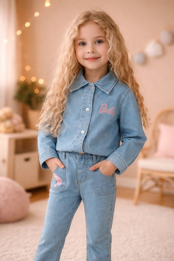 Kız Çocuk Mavi Kot Takım Nakış Detaylı Çocuk Giyim - Gorsel 2