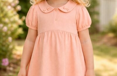 Turuncu Kız Çocuk Elbisesi Bebe Yaka Boncuk Detaylı Şık Günlük Kullanım