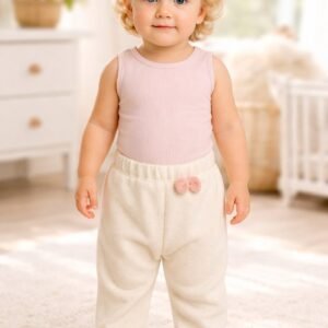 Kız çocuk lastikli pantolon açık kahve renkli ve fiyonk detaylı, rahat ve şık günlük pantolon