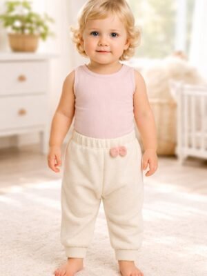 Kız çocuk lastikli pantolon açık kahve renkli ve fiyonk detaylı, rahat ve şık günlük pantolon