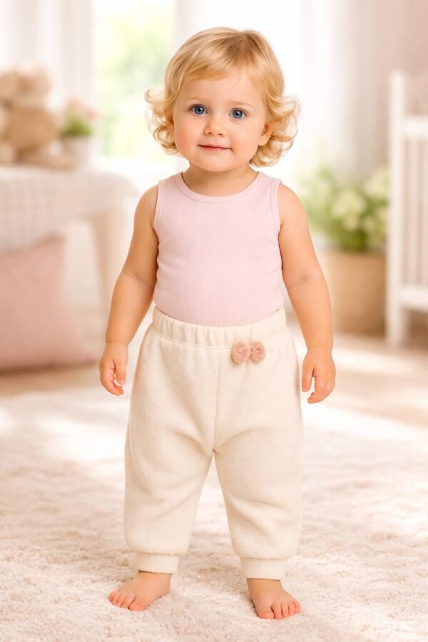 Kız çocuk lastikli pantolon açık kahve renkli ve fiyonk detaylı, rahat ve şık günlük pantolon - Gorsel 2