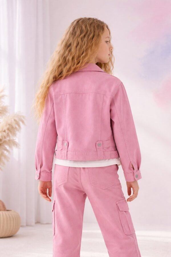 Kız Çocuk Pembe Keten Ceket ve Kot Pantolon Takımı rahat ve şık günlük giyim - Gorsel 4