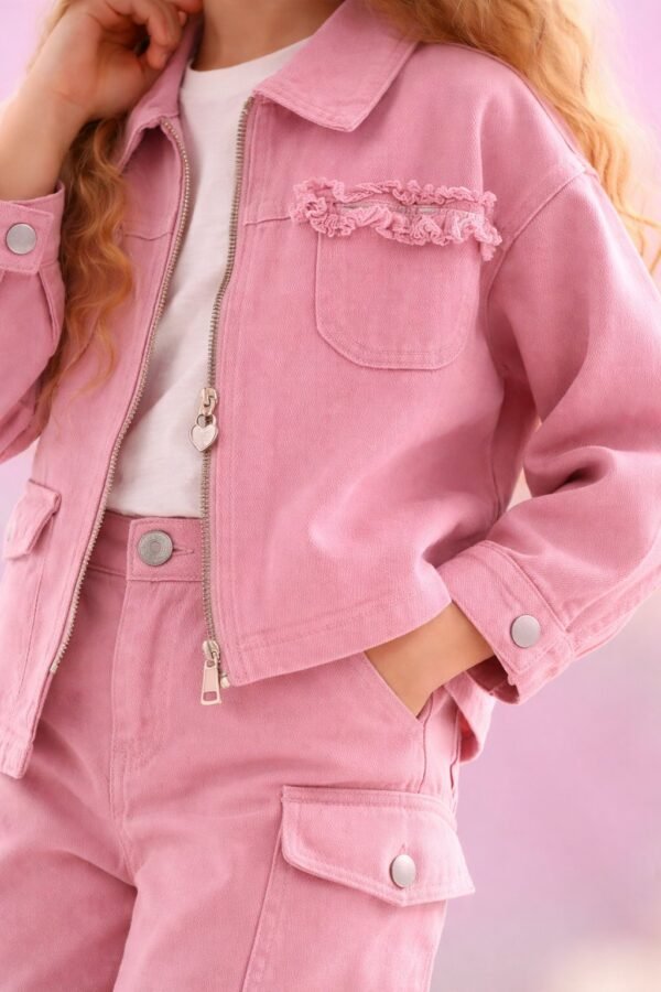 Kız Çocuk Pembe Keten Ceket ve Kot Pantolon Takımı rahat ve şık günlük giyim - Gorsel 3
