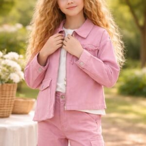 Kız Çocuk Cep Detaylı Keten Ceket ve Kot Pantolon Takımı