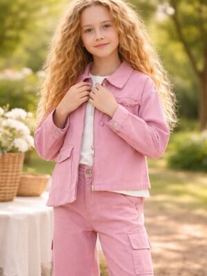 Kız Çocuk Pembe Keten Ceket ve Kot Pantolon Takımı rahat ve şık günlük giyim
