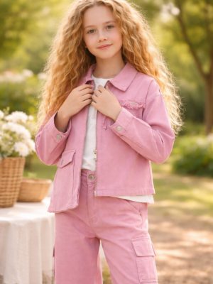 Kız Çocuk Pembe Takım Elbise Cep Detaylı Keten Ceket Kot Pantolon