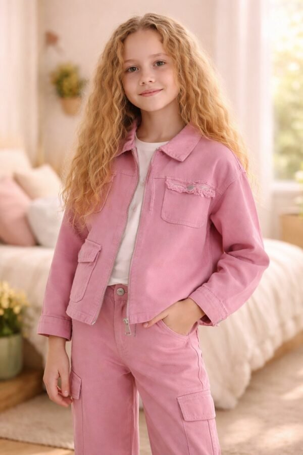 Kız Çocuk Pembe Keten Ceket ve Kot Pantolon Takımı rahat ve şık günlük giyim - Gorsel 2