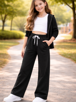 Kız Çocuk Cepli Beli Lastikli Siyah Eşofman Altı - Spor ve Günlük Giyim