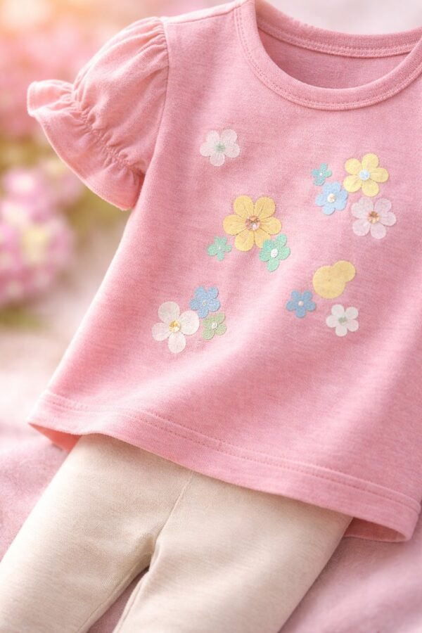 Bebek Kız Çocuk Çiçek Baskılı Simli Kısa Kollu Tişört ve Tayt Takımı, Bebek Giyim, Sevimli ve Rahat Tasarım - Gorsel 3
