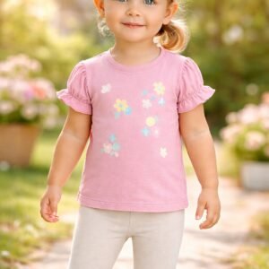 Bebek Kız Çocuk Çiçek Baskılı Simli Kısa Kollu Tişört ve Tayt Takımı, Bebek Giyim, Sevimli ve Rahat Tasarım