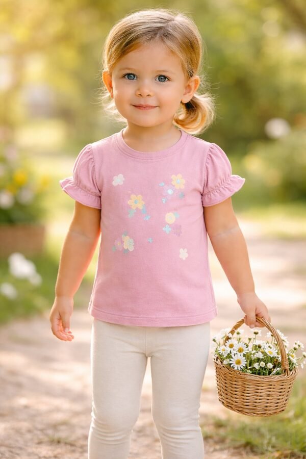 Bebek Kız Çocuk Çiçek Baskılı Simli Kısa Kollu Tişört ve Tayt Takımı, Bebek Giyim, Sevimli ve Rahat Tasarım - Gorsel 2