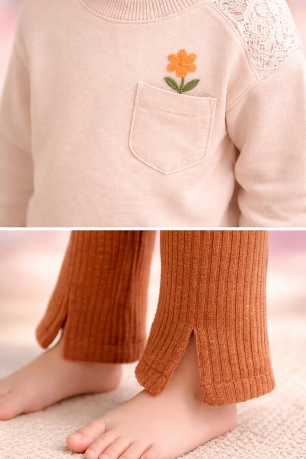 Kız Çocuk Çiçek Cepli Omuz Kısmı Dantelli Yırtmaç Paçalı Takım, Kız Çocuk Giyim, Rahat ve şık tasarım - Gorsel 3