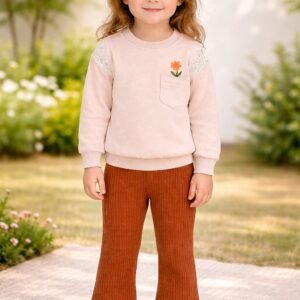 Kız Çocuk Çiçek Cepli Omuz Kısmı Dantelli Yırtmaç Paçalı Taytlı Takım