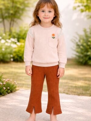 Kız Çocuk Çiçek Cepli Omuz Kısmı Dantelli Yırtmaç Paçalı Takım, Kız Çocuk Giyim, Rahat ve şık tasarım