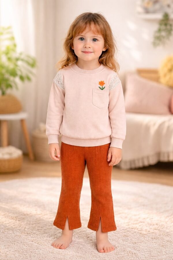 Kız Çocuk Çiçek Cepli Omuz Kısmı Dantelli Yırtmaç Paçalı Takım, Kız Çocuk Giyim, Rahat ve şık tasarım - Gorsel 2