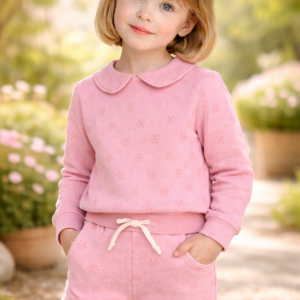 Kız Çocuk Çiçek Desenli Bebek Yaka Uzun Kollu Takım, Kız Çocuk Giyim, Rahat ve Şık