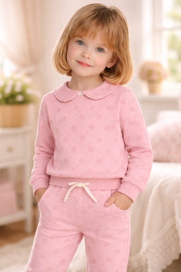 Kız Çocuk Çiçek Desenli Bebek Yaka Uzun Kollu Takım, çocuk giyim, rahat ve şık - Gorsel 2