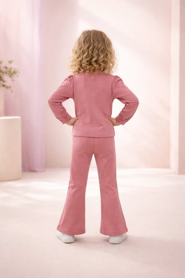 Kız Çocuk Çiçek Detaylı Prenses Kollu İspanyol Paçalı Takım pastel pembe renkli çocuk giyim - Gorsel 4