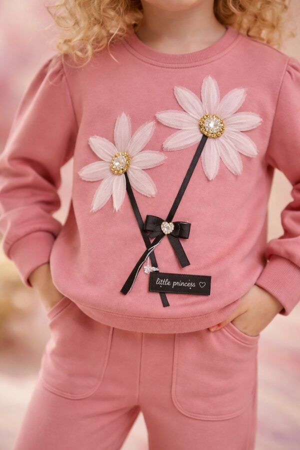 Kız Çocuk Çiçek Detaylı Prenses Kollu İspanyol Paçalı Takım pastel pembe renkli çocuk giyim - Gorsel 3