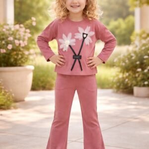 Kız Çocuk Çiçek Detaylı Prenses Kollu İspanyol Paçalı Takım