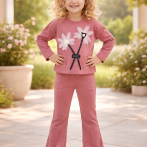 Kız Çocuk Çiçek Detaylı Prenses Kollu İspanyol Paçalı Takım pastel pembe renkli çocuk giyim