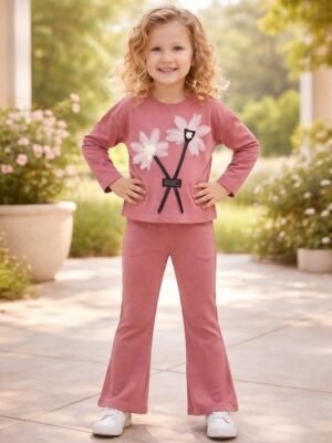 Kız Çocuk Çiçek Detaylı Prenses Kollu İspanyol Paçalı Takım pastel pembe renkli çocuk giyim