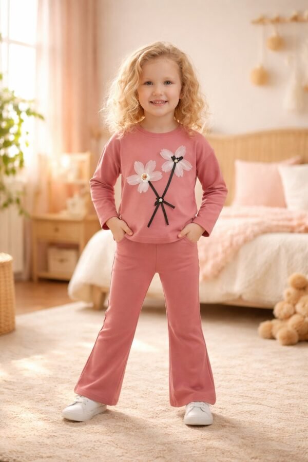 Kız Çocuk Çiçek Detaylı Prenses Kollu İspanyol Paçalı Takım pastel pembe renkli çocuk giyim - Gorsel 2