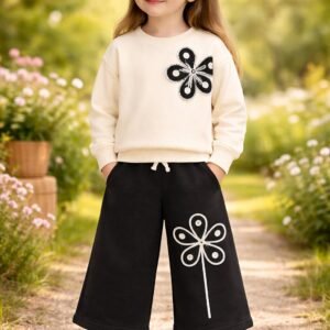 Kız Çocuk Çiçek İşlemeli Uzun Kollu Takım, Kız Giyim, Renkli ve Rahat