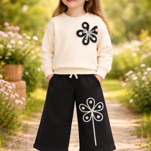 Kız Çocuk Çiçek İşlemeli Uzun Kollu Takım, rahat ve şık çocuk giyim