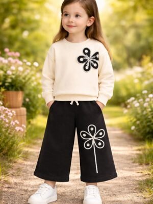 Kız Çocuk Çiçek İşlemeli Uzun Kollu Takım, Kız Giyim, Renkli ve Rahat