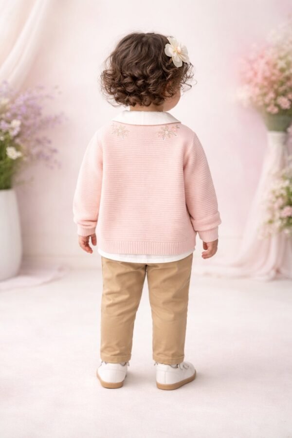 Kız Çocuk Çiçek Nakışlı Düğmeli Triko Kırka Müslin Gömlekli Pantolon Takım, Kız Çocuk Giyim, Günlük Rahatlık ve Şıklık - Gorsel 4