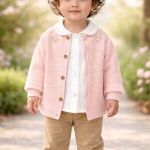 Kız Çocuk Çiçek Nakışlı Düğmeli Triko Kırka Müslin Gömlekli Pantolon Takım, Kız Çocuk Giyim, Günlük Rahatlık ve Şıklık