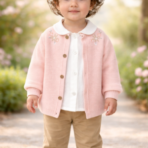 Kız Çocuk Çiçek Nakışlı Düğmeli Triko Kırka Müslin Gömlekli Pantolon Takımı, Kız Çocuk Giyim, Çiçek Nakışlı ve Düğmeli detaylar