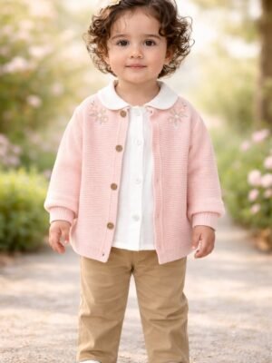 Kız Çocuk Çiçek Nakışlı Düğmeli Triko Kırka Müslin Gömlekli Pantolon Takım, Kız Çocuk Giyim, Günlük Rahatlık ve Şıklık