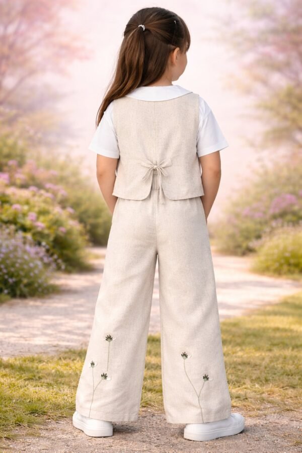 Kız Çocuk Keten Takım Çiçek Nakışlı ve Bol Paça Pantolon rahat yazlık çocuk giyim - Gorsel 4