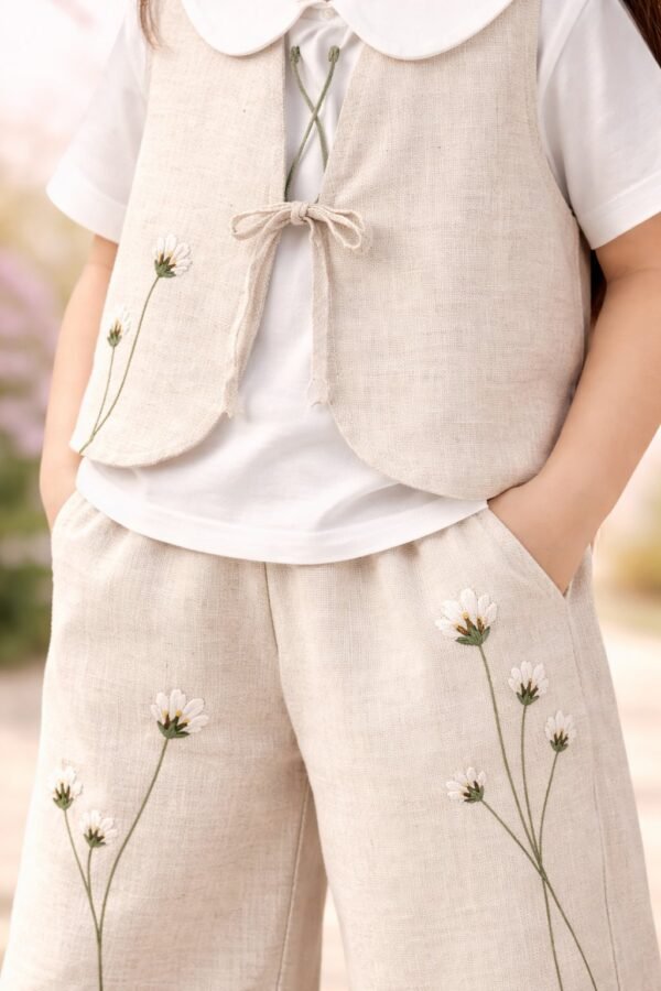 Kız Çocuk Keten Takım Çiçek Nakışlı ve Bol Paça Pantolon rahat yazlık çocuk giyim - Gorsel 3