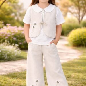 Kız Çocuk Çiçek Nakışlı Keten Bağcıklı Yelek ve Bol Paça Pantolon Takım