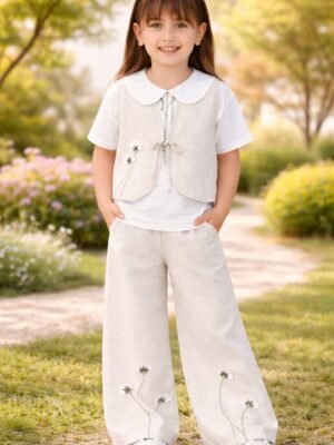 Kız Çocuk Keten Takım Çiçek Nakışlı ve Bol Paça Pantolon rahat yazlık çocuk giyim