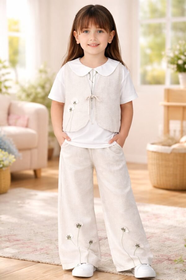 Kız Çocuk Keten Takım Çiçek Nakışlı ve Bol Paça Pantolon rahat yazlık çocuk giyim - Gorsel 2