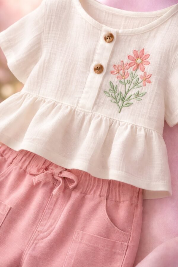 Kız Çocuk Çiçek Nakışlı Müslin Kumaşlı Gömlek Uzun Bol Paça Pantolon Takım, Kız Çocuk Giyim, Yazlık, Nakışlı, Hafif Kumaş - Gorsel 3