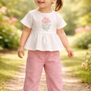 Kız Çocuk Çiçek Nakışlı Müslin Kumaşlı Gömlek Uzun Bol Paça Pantolon Takım, Kız Çocuk Giyim, Yazlık, Nakışlı, Hafif Kumaş