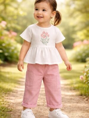 Kız Çocuk Çiçek Nakışlı Müslin Kumaşlı Gömlek Uzun Bol Paça Pantolon Takım, Kız Çocuk Giyim, Yazlık, Nakışlı, Hafif Kumaş